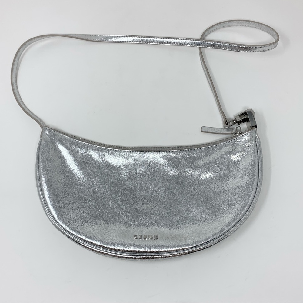 Staud Walker Shoulder Bag Silver Metallic Leather Crescent Half Moon - Picture 4 of 16